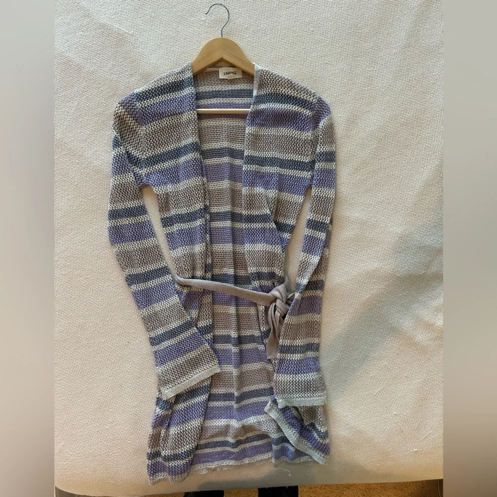 L'AGENCE Koi Striped Belted Women's Knit Cardigan - Lavender and Cream - Picture 5 of 9